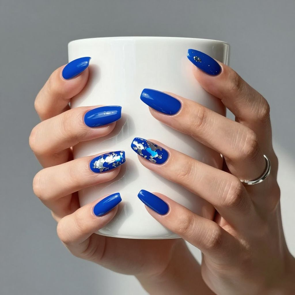 Royal blue stiletto nails with foil flakes