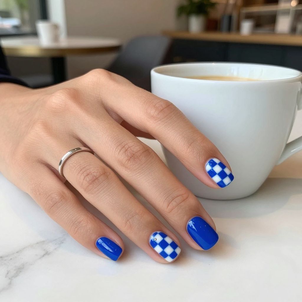 Royal blue and white checker square nails