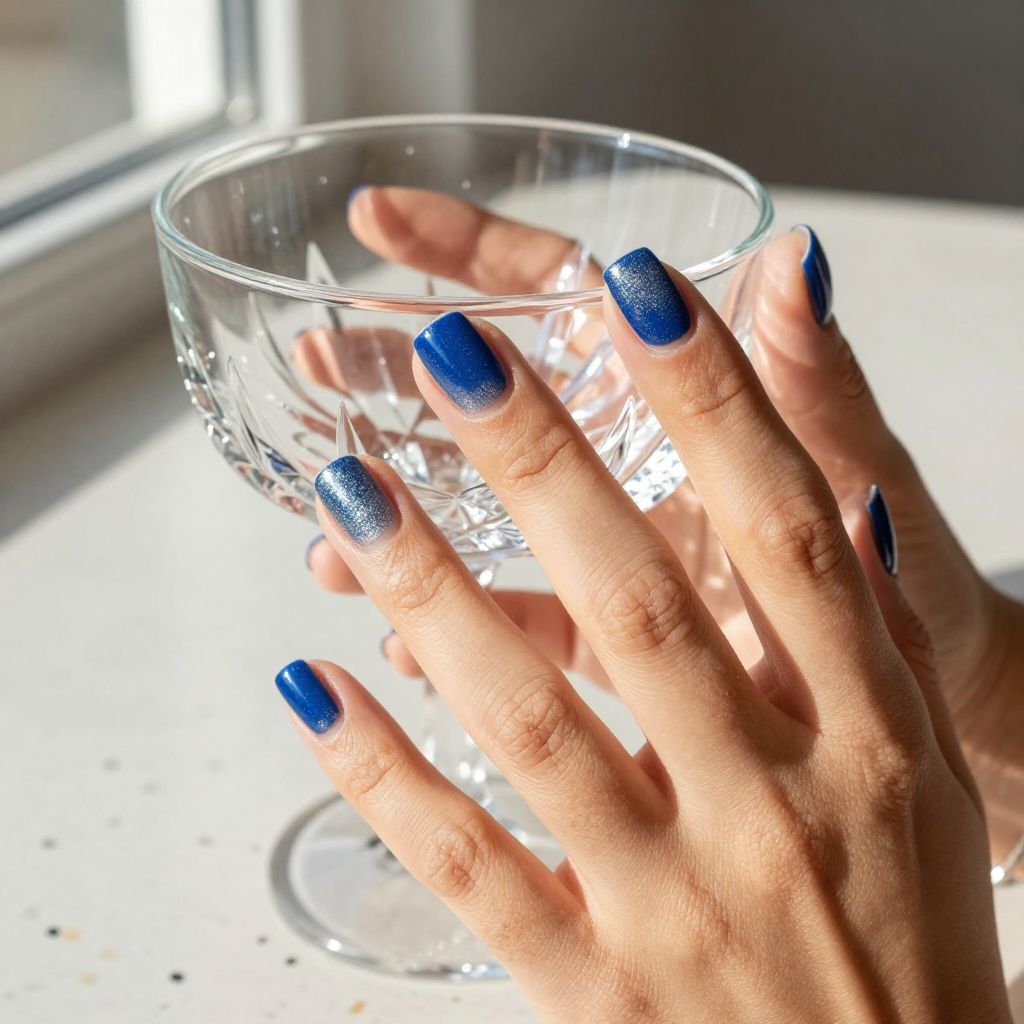Royal blue nails with silver glitter gradient