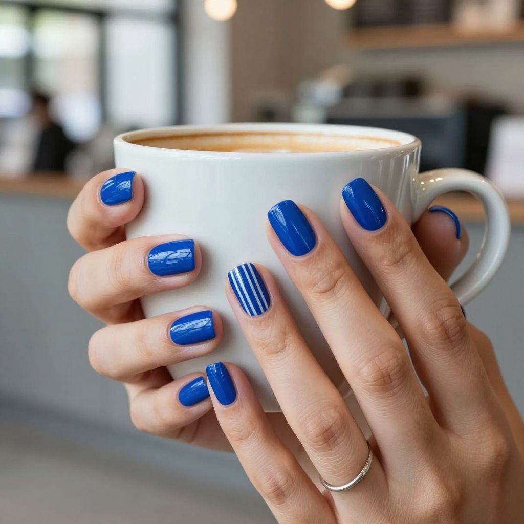 Royal blue nails with white striped accent