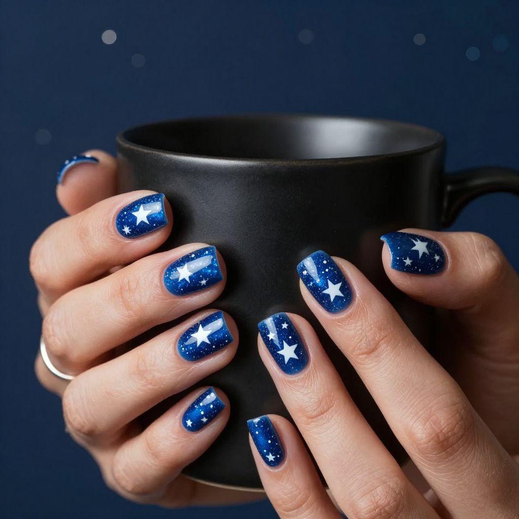 Royal blue starry night short square nails