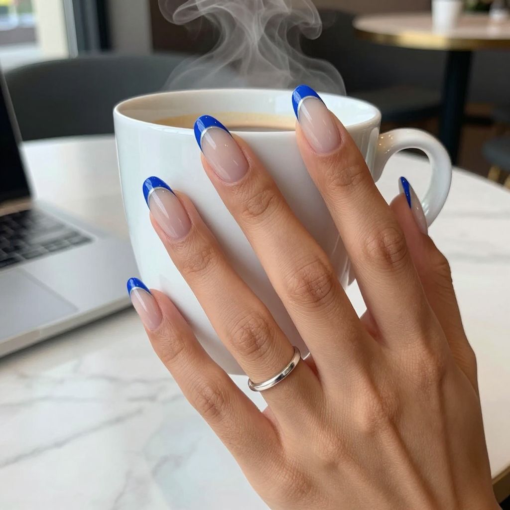 Royal blue French tip oval nails