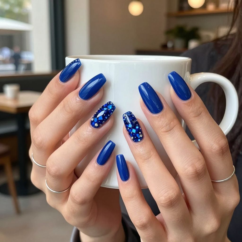 Royal blue coffin nails with jewel accents