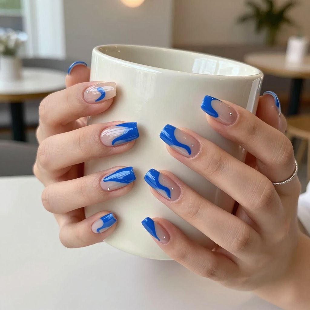Royal blue negative space wave nails