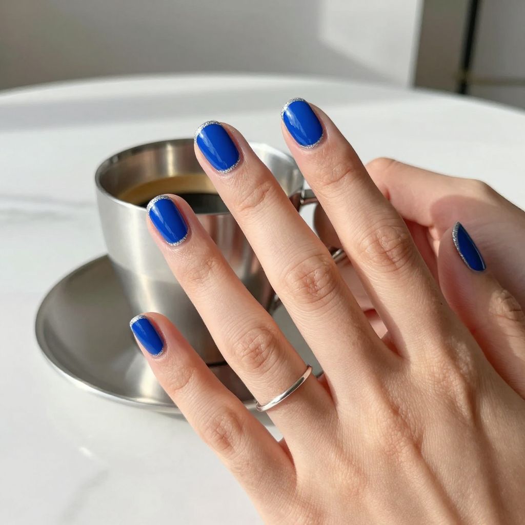 Royal blue nails with silver glitter edge