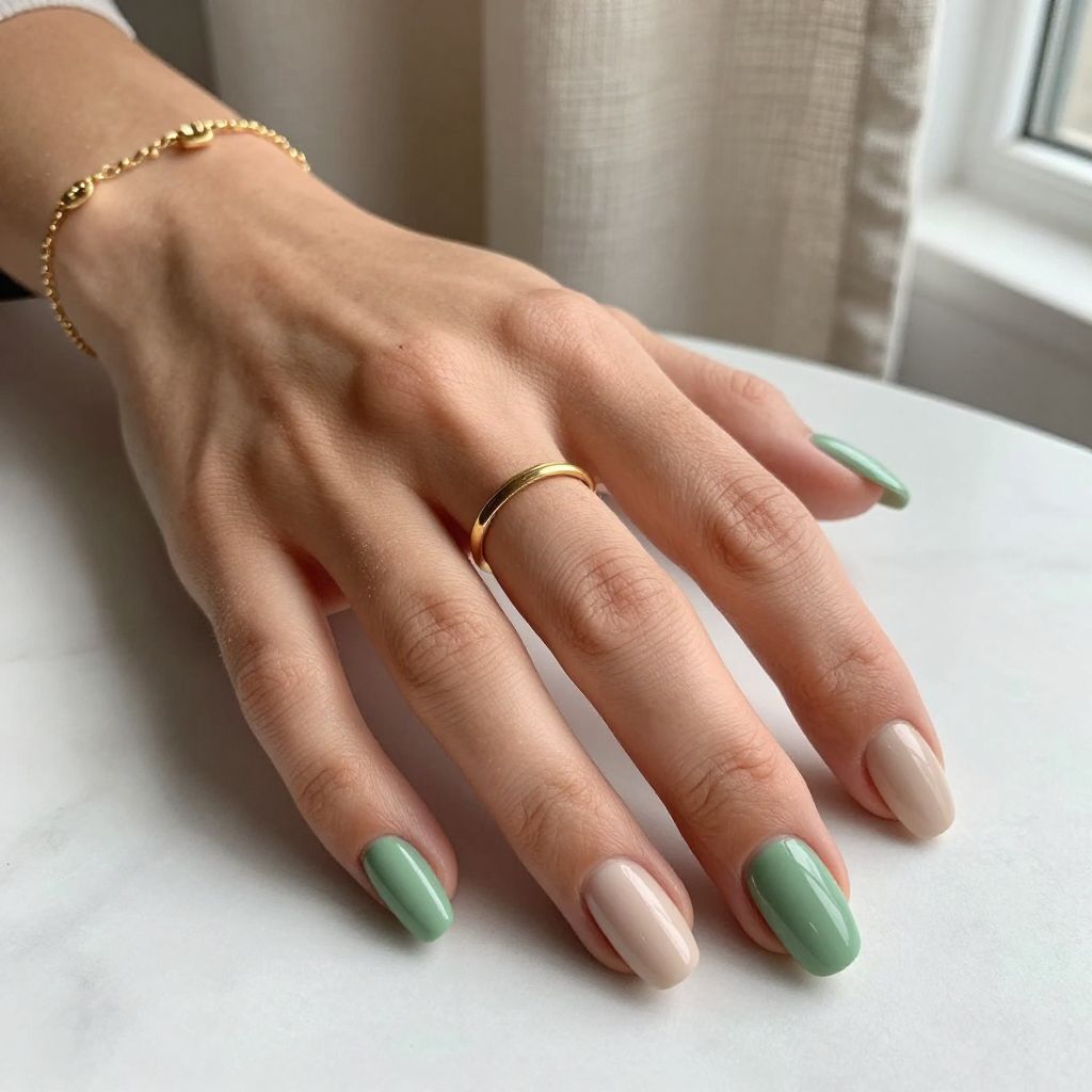 Sage Green and Nude Color Block Nails