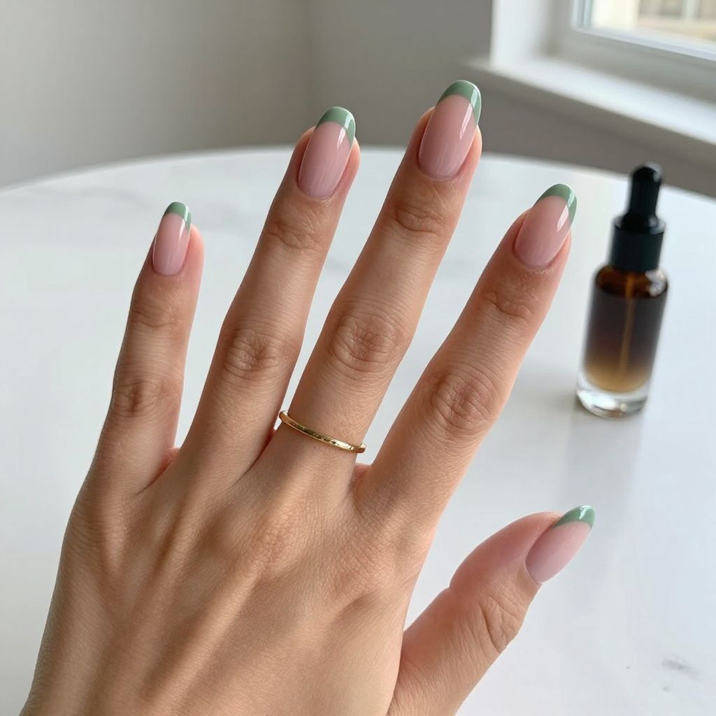 Sage Green French Tips on Clear Nails