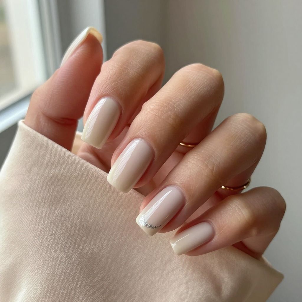 Glossy nude squoval short acrylic nails
