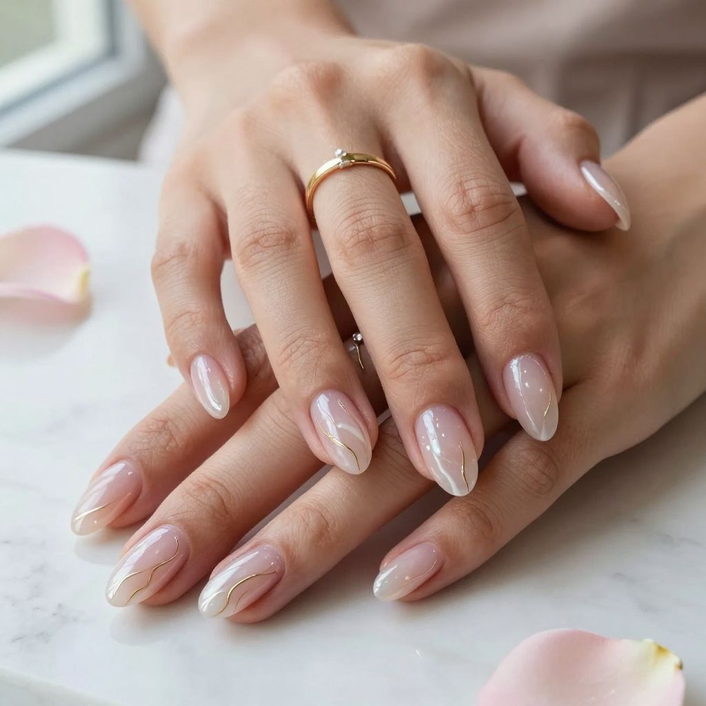 Short almond rose quartz marble acrylic nails