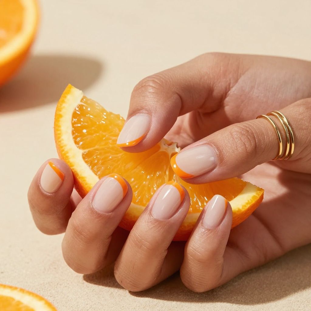 Round nude nails with orange half moon design