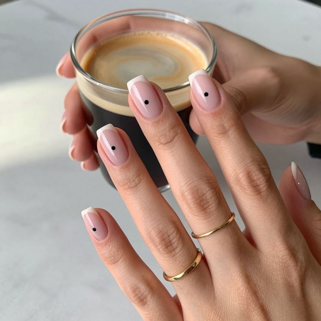 Sheer pink short nails with single black dot accent