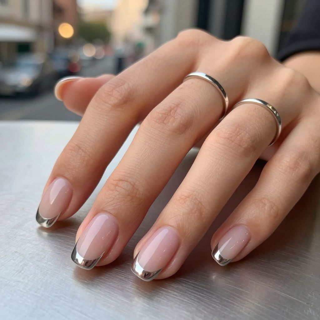 Short coffin nails with metallic silver French tips