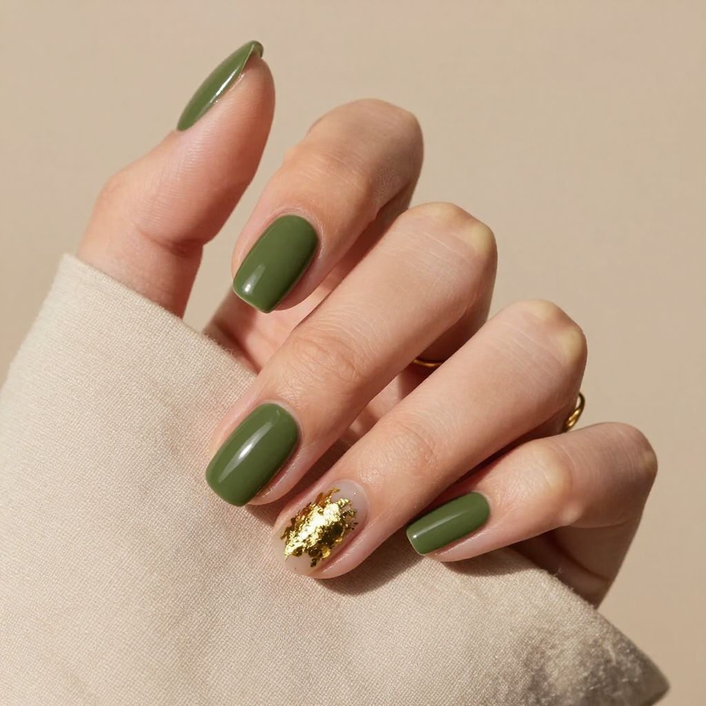 Olive green short nails with gold foil accents