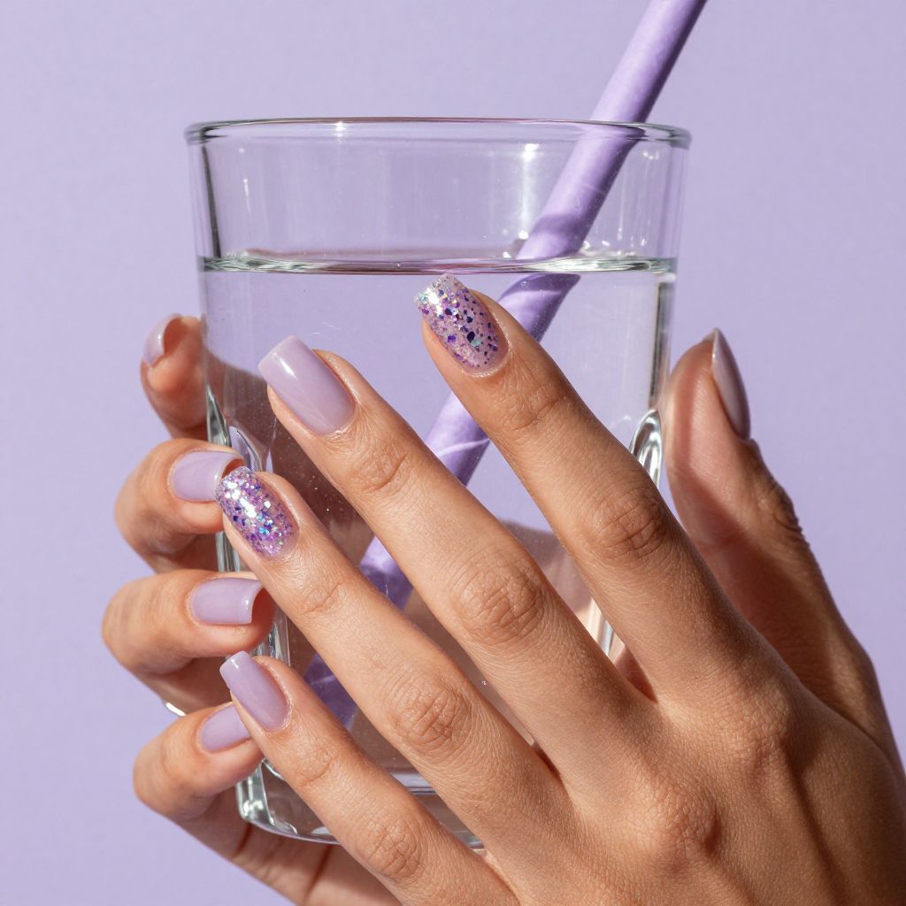 Short square jelly grape acrylic nails with glitter accent