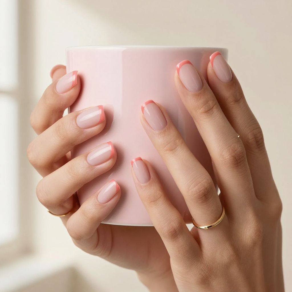 Short coffin nails with micro French coral tips