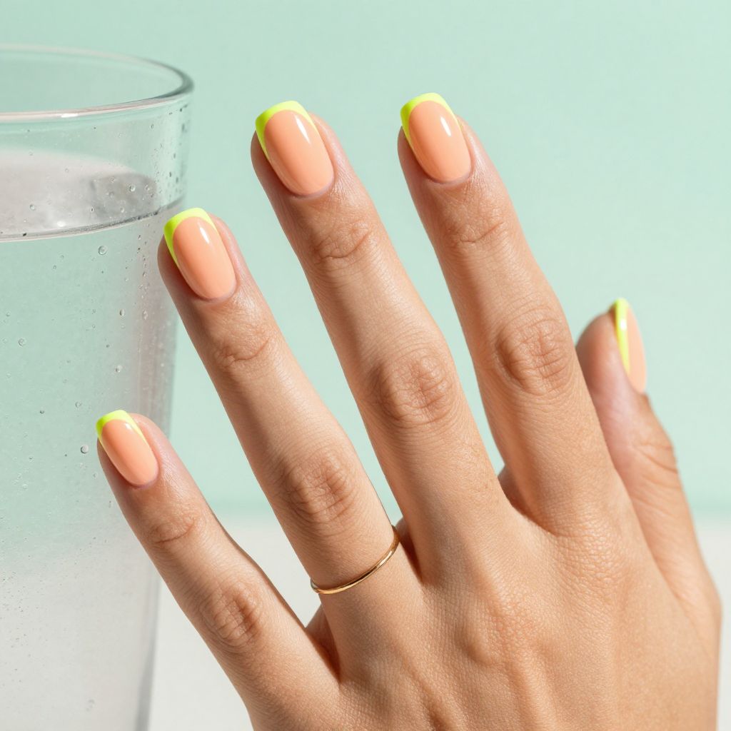 Short square peach nails with neon lime outline