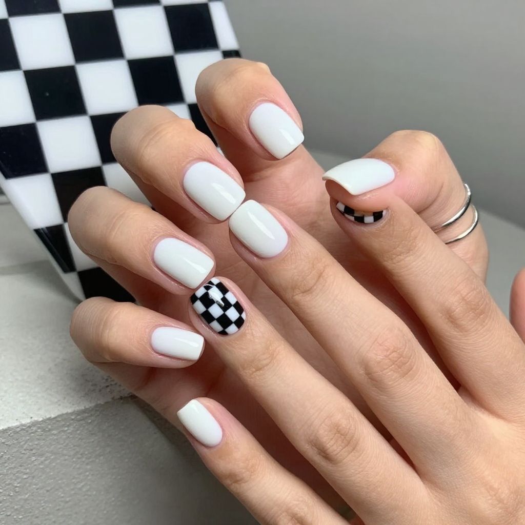 Short square white nails with black checker accent