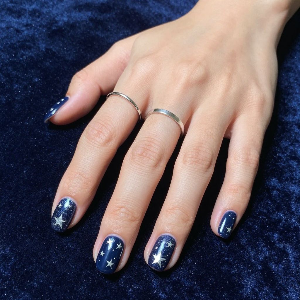 Short oval navy nails with silver star accents