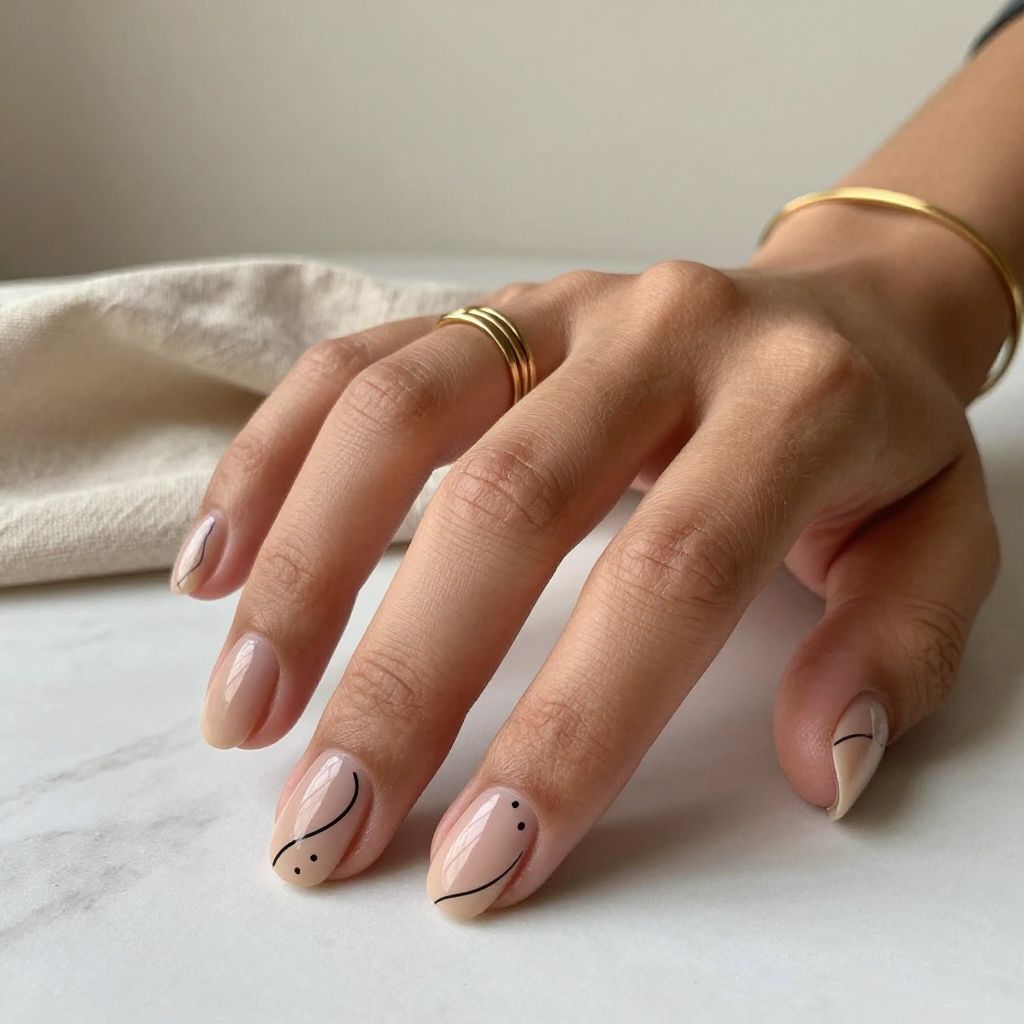 Nude Nails with Black Line Art