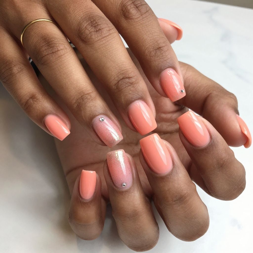 Peach Coral Short Acrylics with Glitter Fade