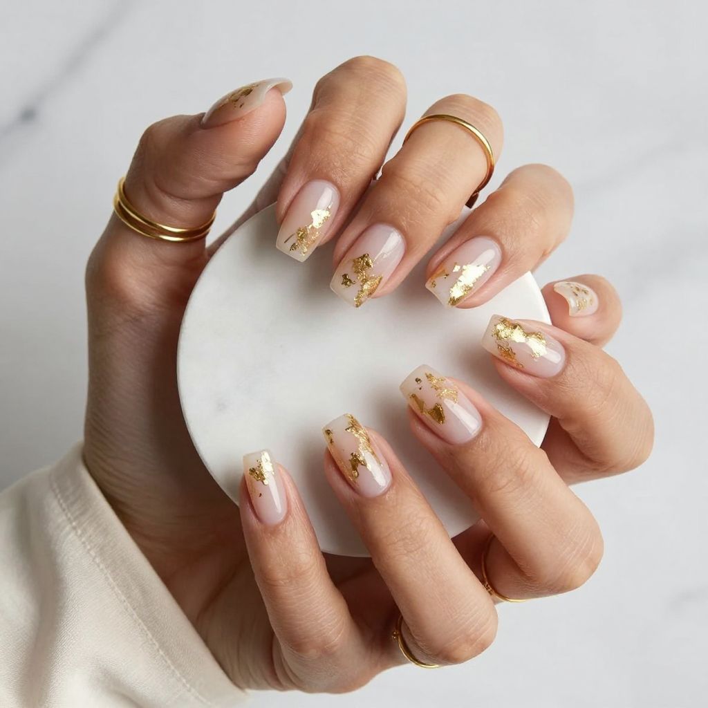 Clear Acrylic Nails with Gold Foil