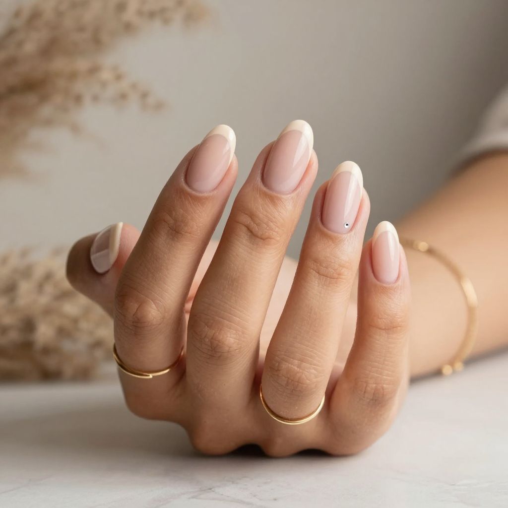 Soft Beige French Tips on Natural Looking Short Acrylics