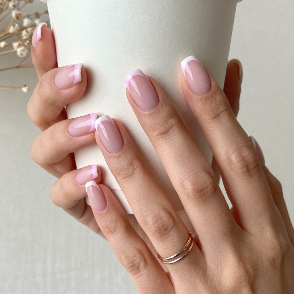 Sheer Pink Short Acrylics with Double French Tips