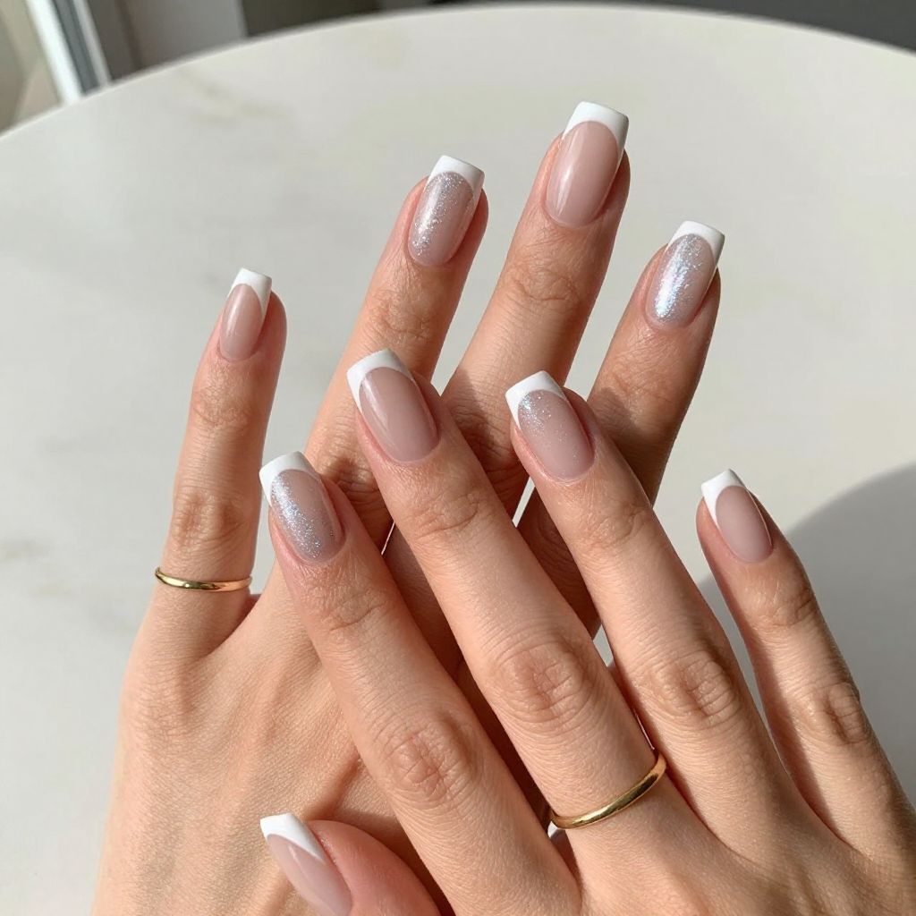 Short Acrylic French Tips with Glitter Fade
