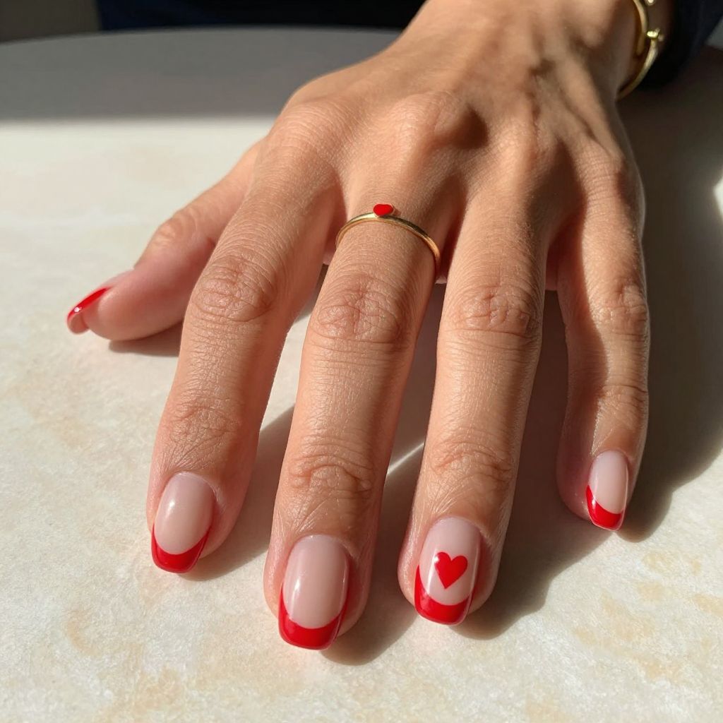 Short Acrylic Nails with Red French Tips