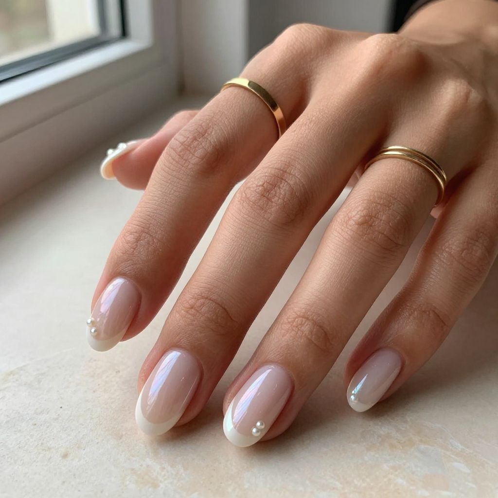 Short Acrylic Nails with Pearl French Tips