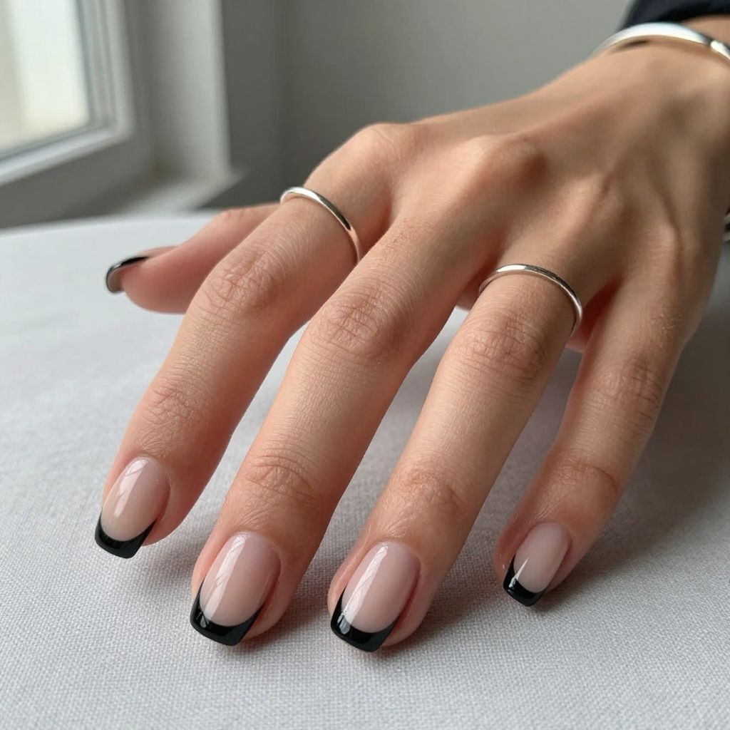 Square Short Acrylics with Black French Tips