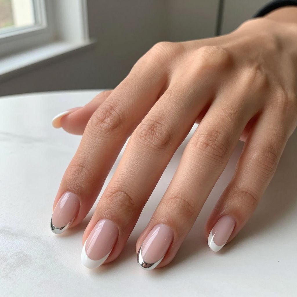 Short Acrylic French Tips with a Chrome Edge