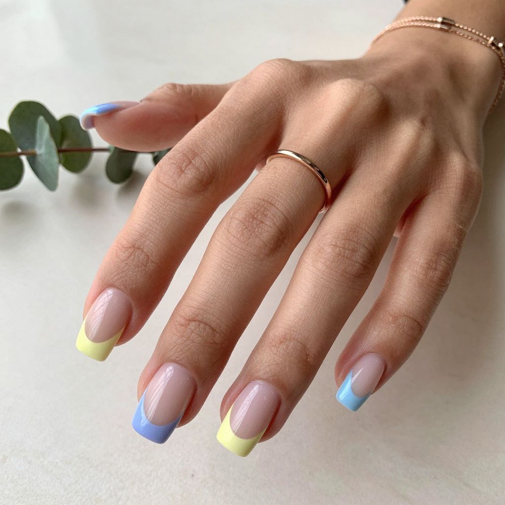 Short Acrylics with Colored Pastel French Tips