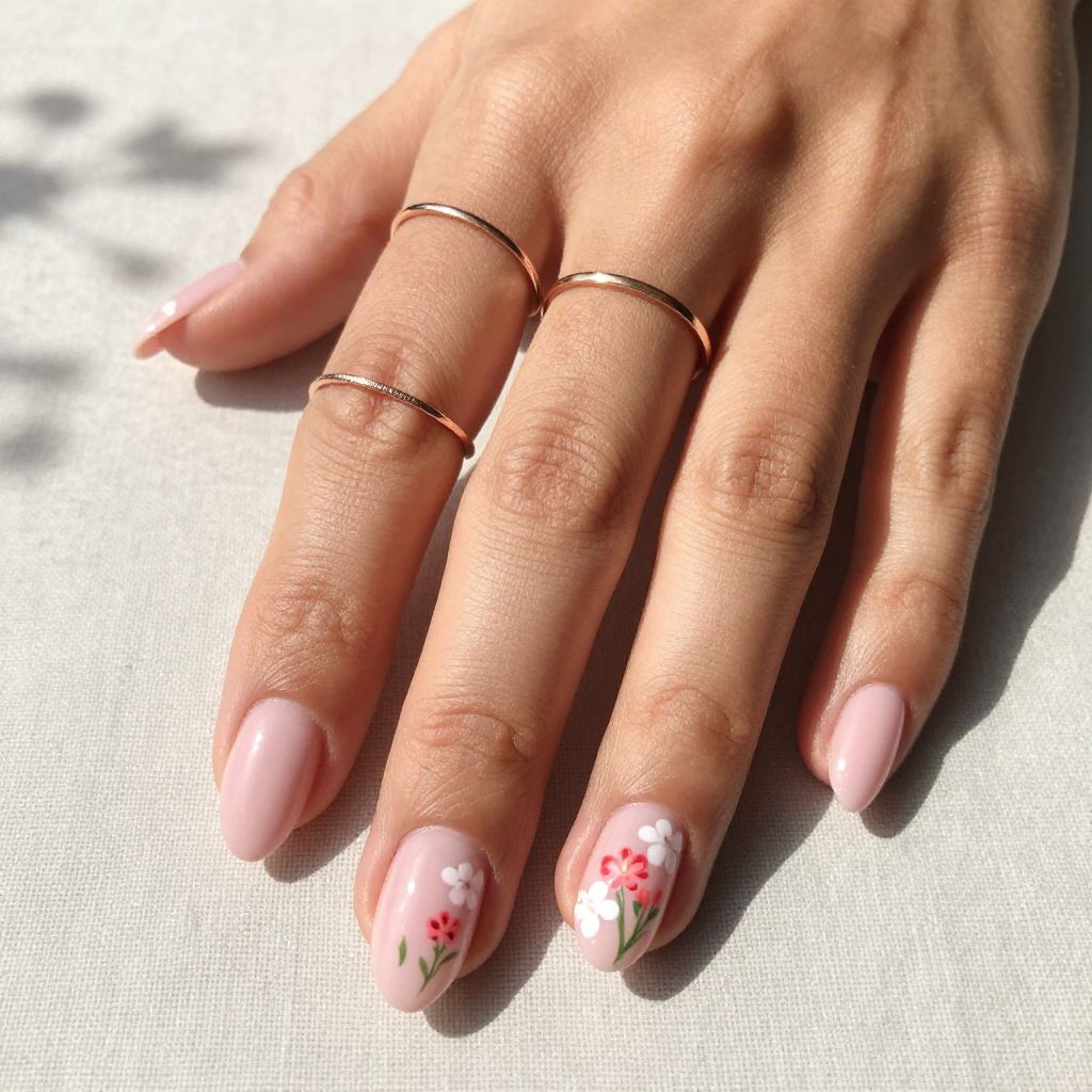 Soft Pink with Delicate Flower Nail Art Almond Nails