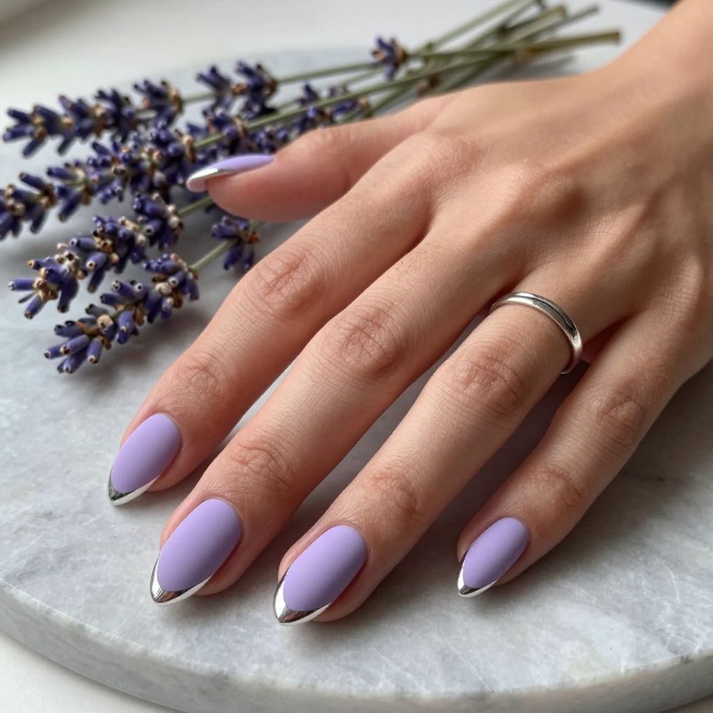 Soft Lavender with Chrome Accent Almond Nails