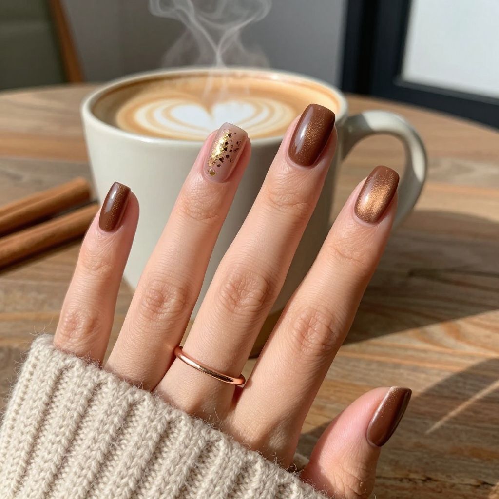 Warm cocoa shimmer short Christmas nails