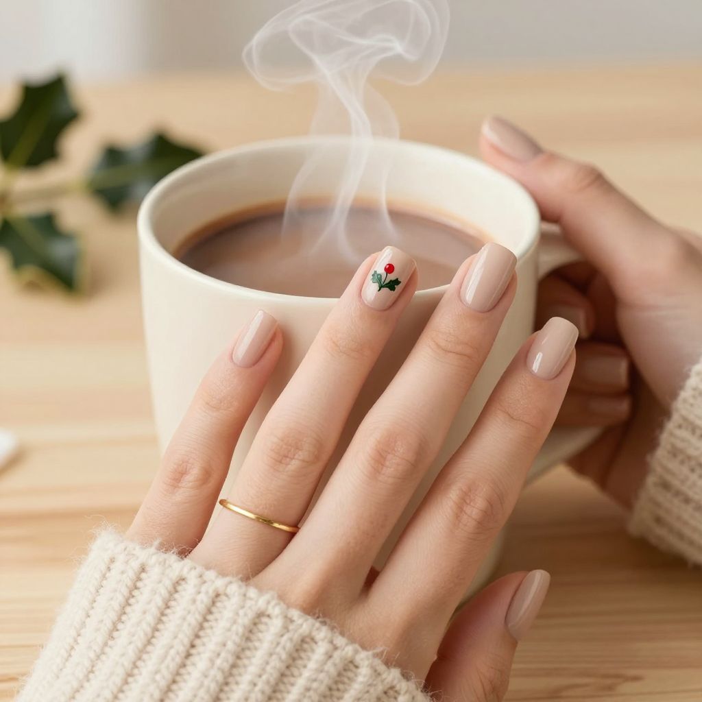 Holly accent minimal short Christmas nails