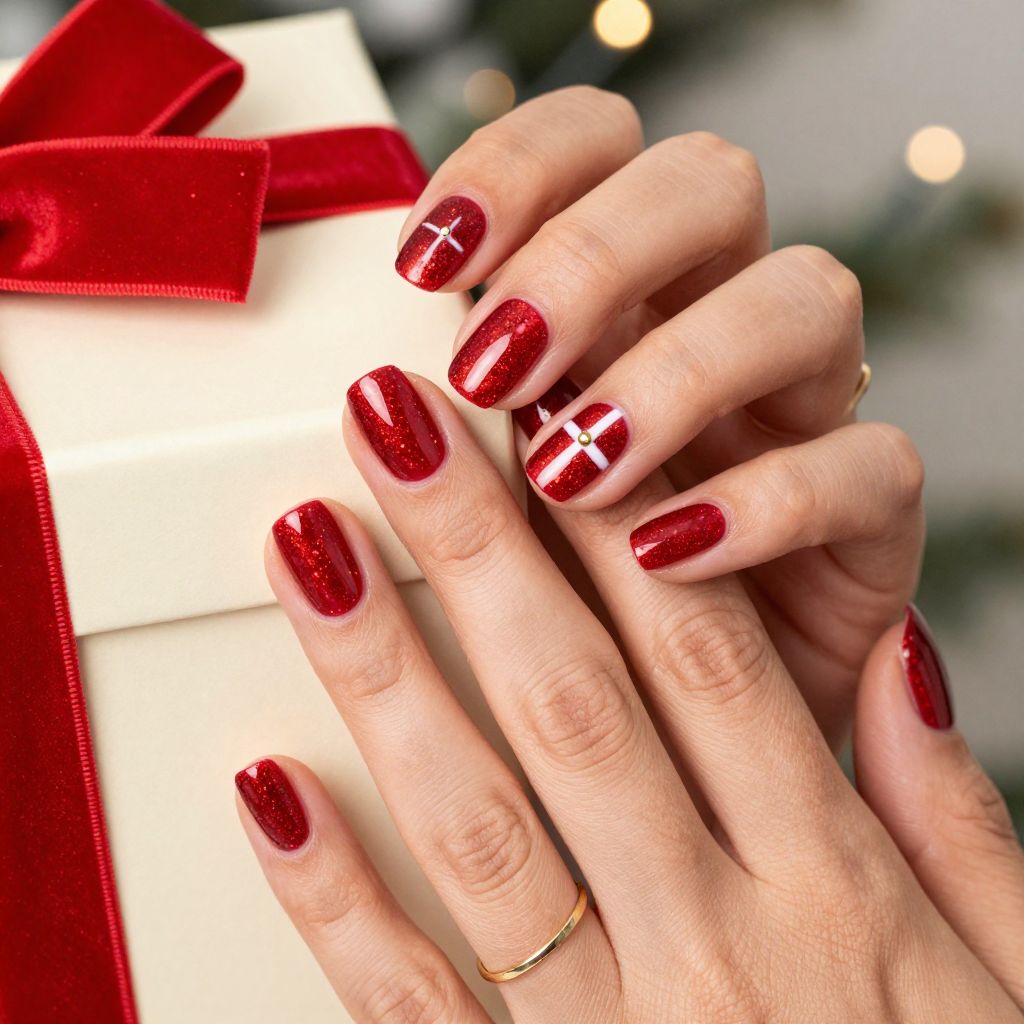 Glittering gift wrap short Christmas nails