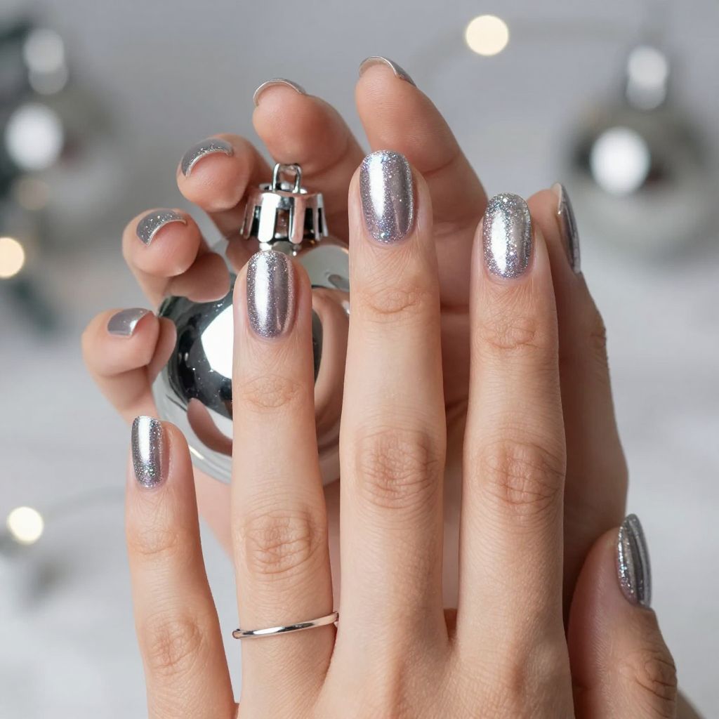 Silver bells sparkle short Christmas nails