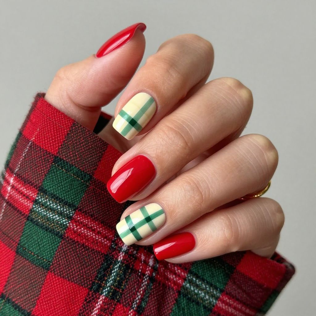 Cozy plaid party short Christmas nails