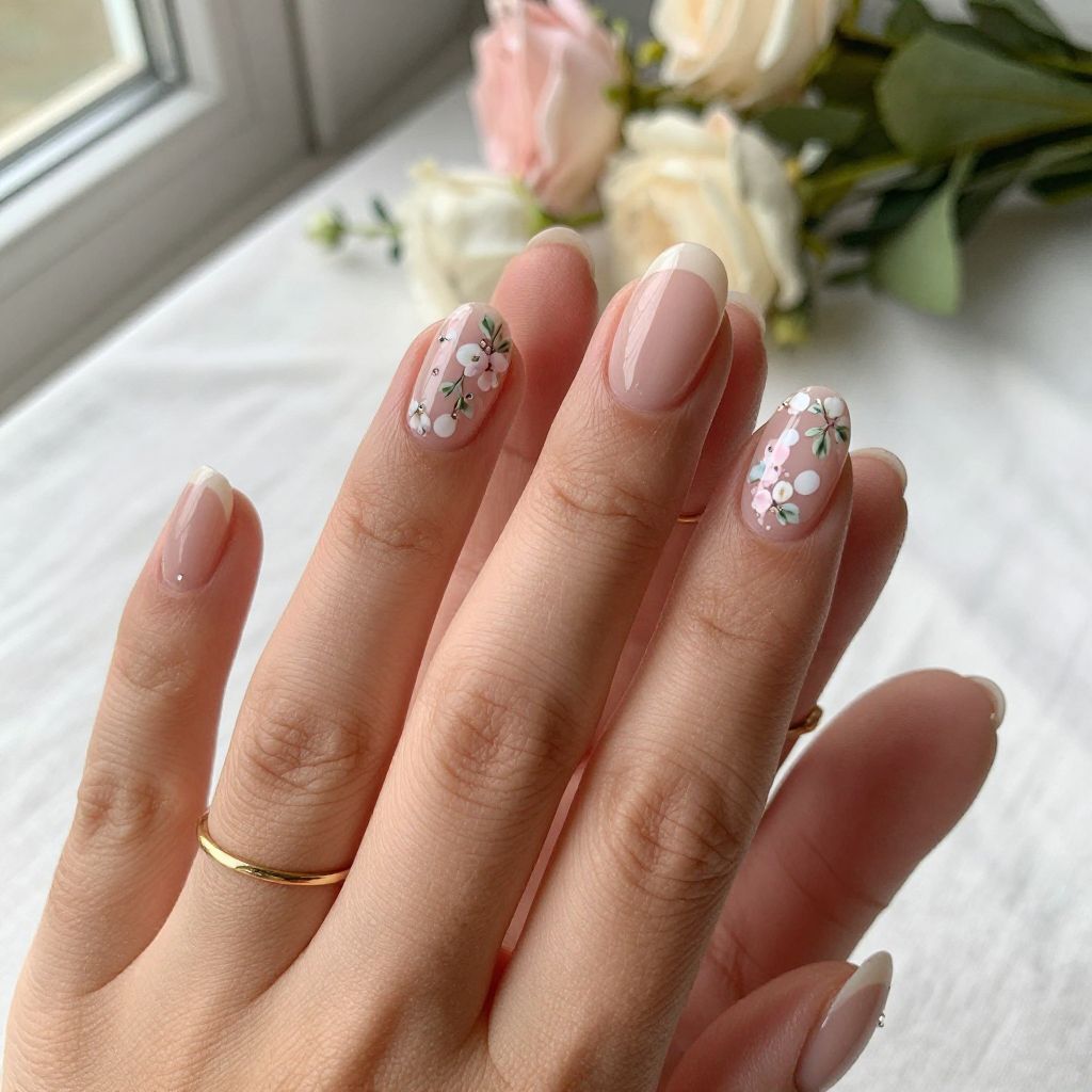 Short Dip Nails With Soft Floral Art