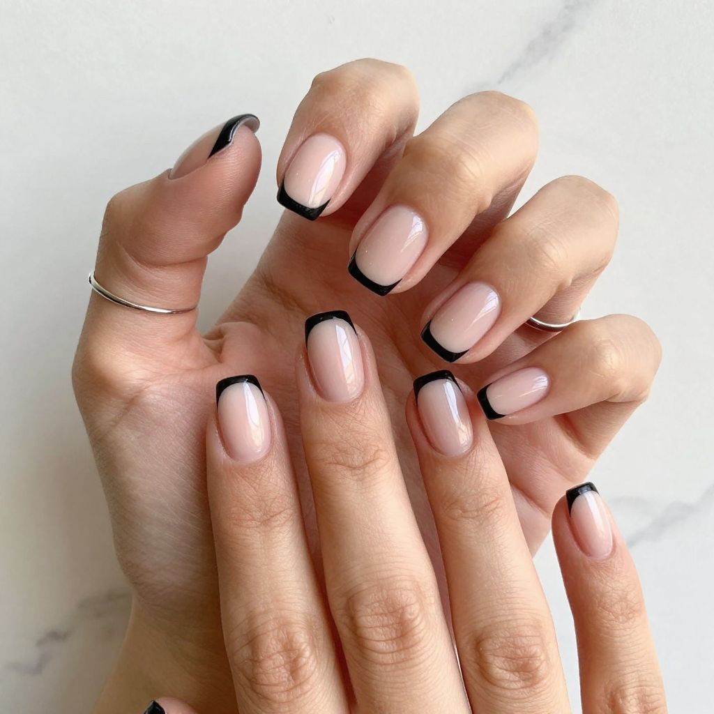 Short Dip Nails With Black Tips