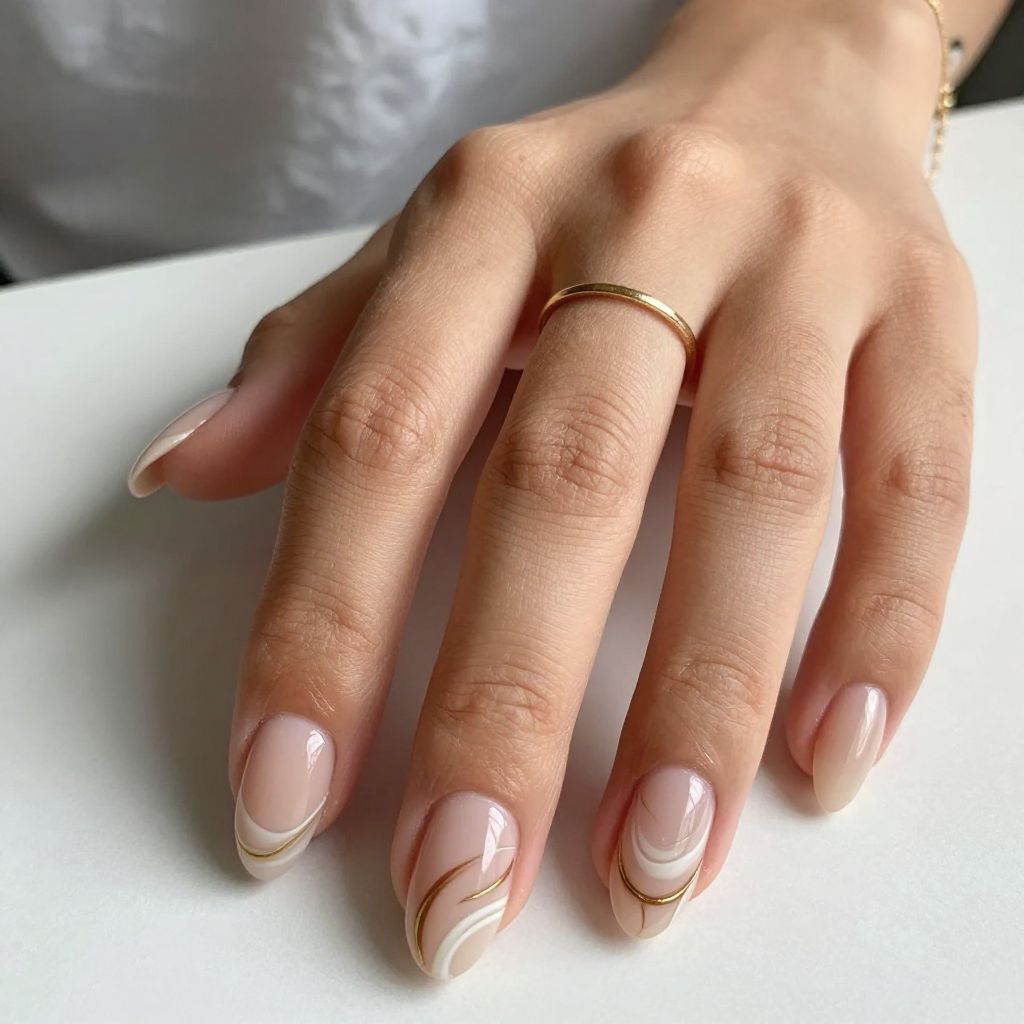 Short Dip Nails With Nude Swirls