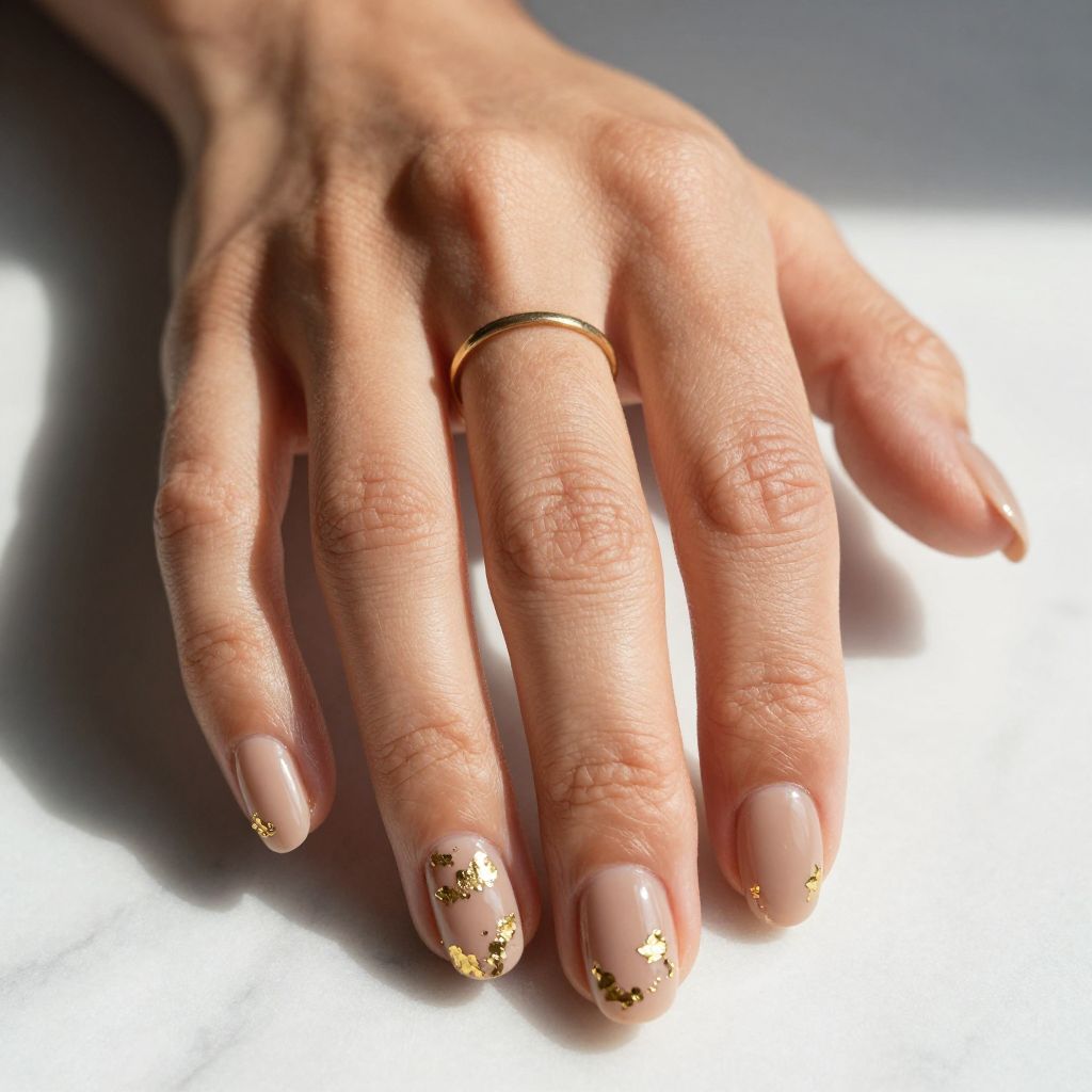 Nude Dip Nails With Gold Foil