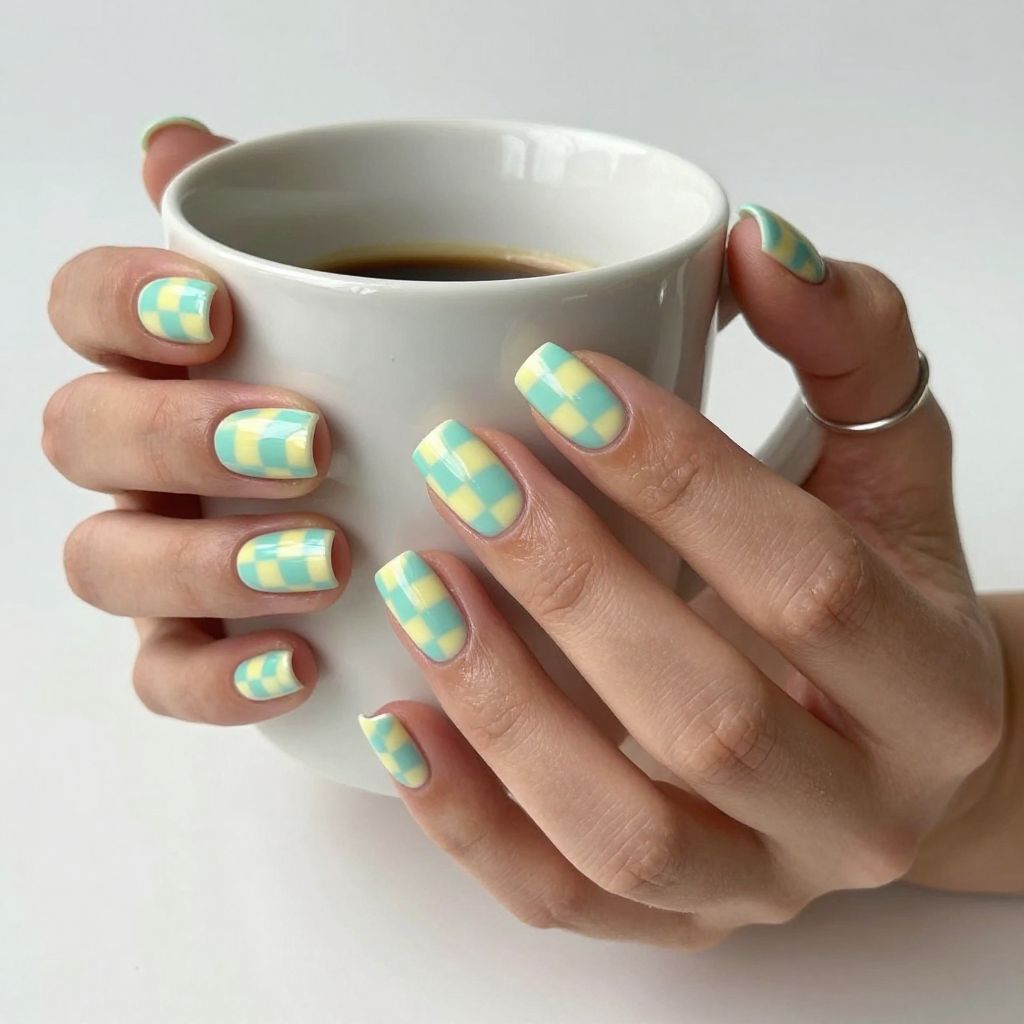 Pastel checkerboard short gel nails