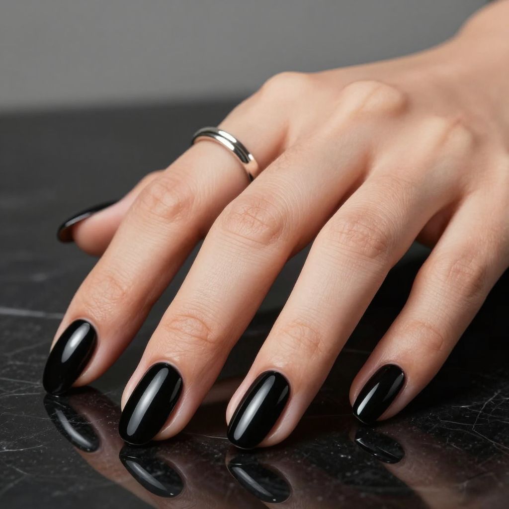 Glossy black patent short gel nails