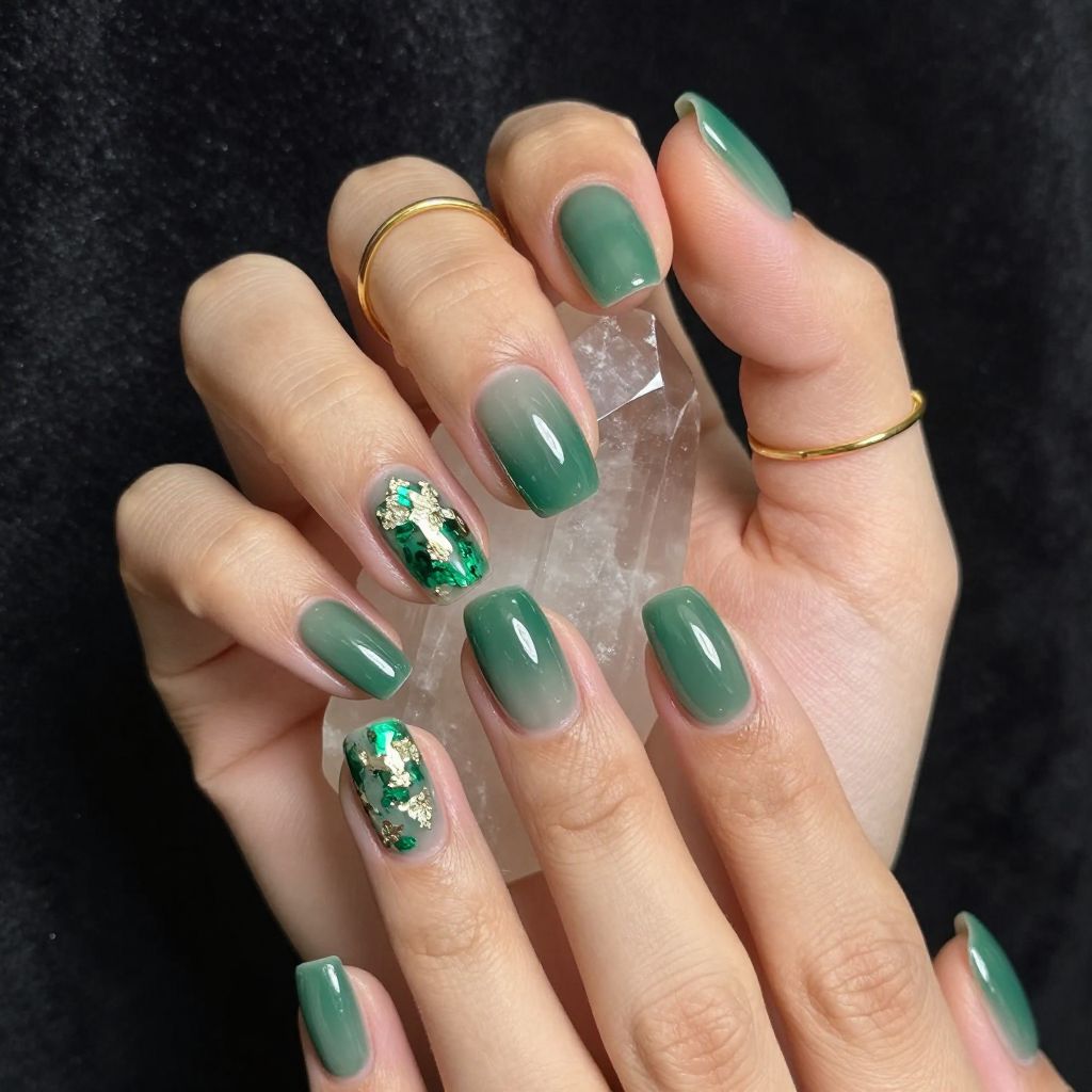 Emerald foil flecks short gel nails