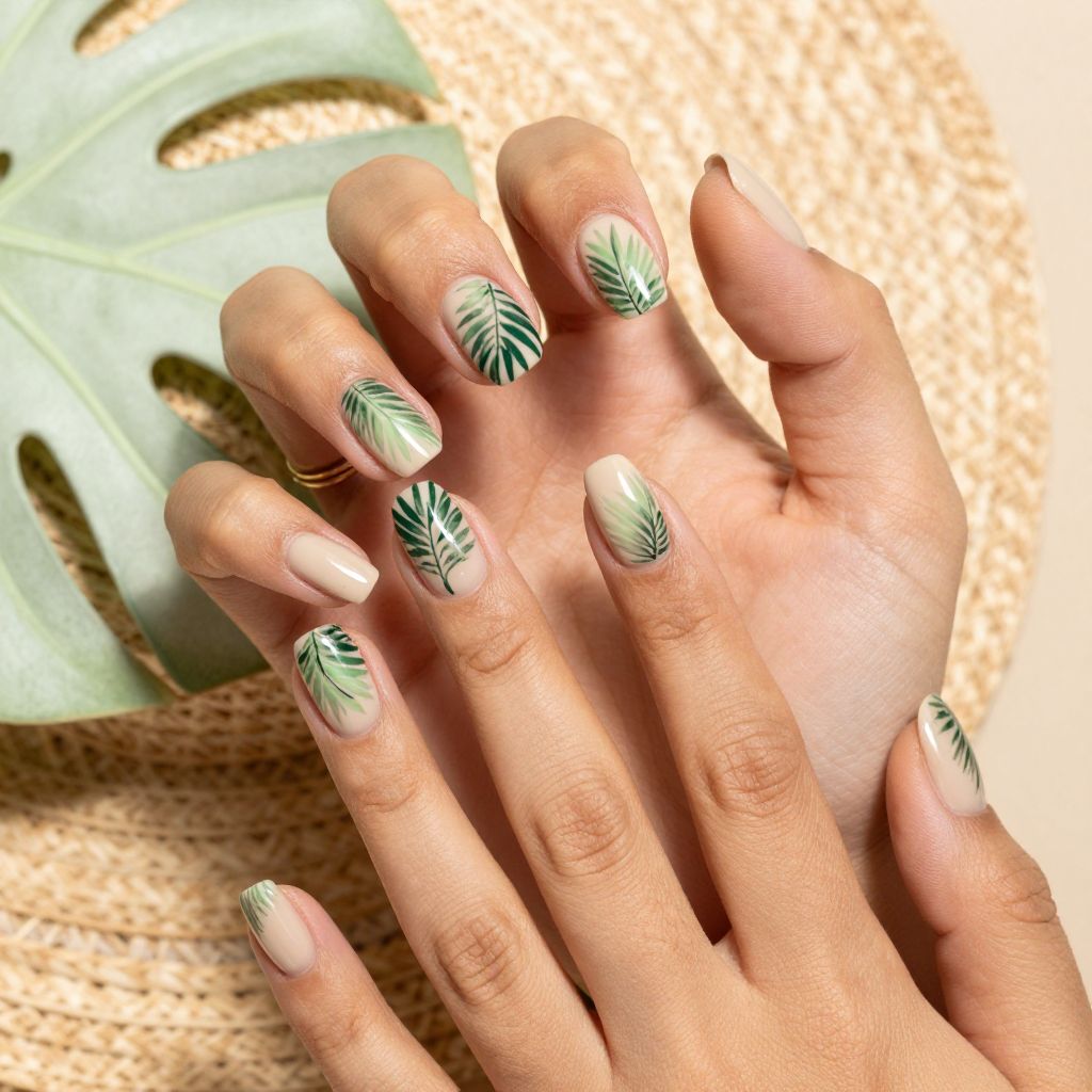 Tropical leaf short nail art