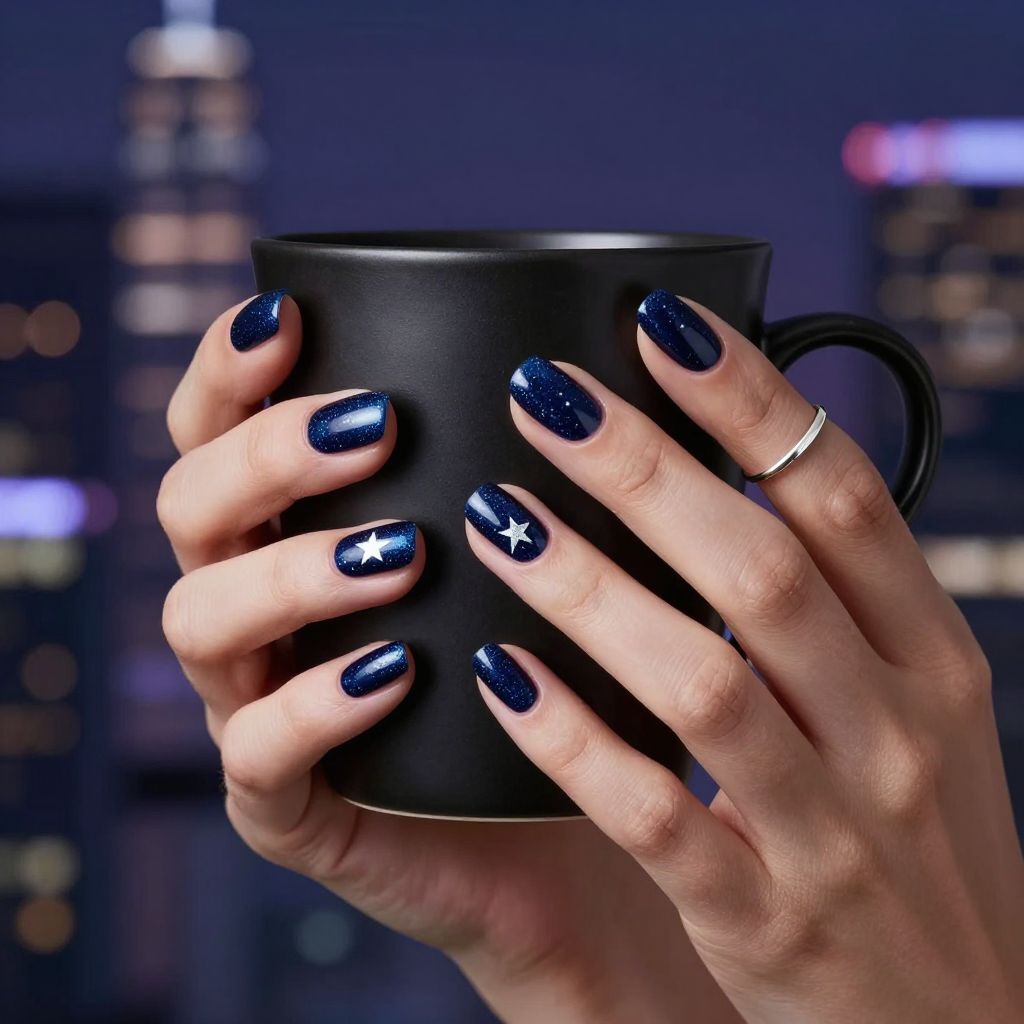 Midnight spark starry sky short nails