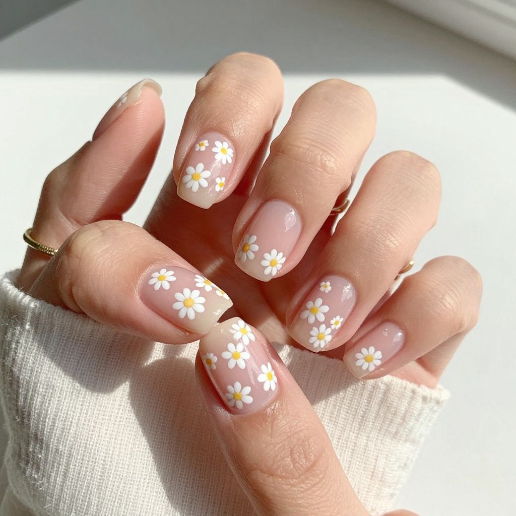 Micro daisy garden short nail art